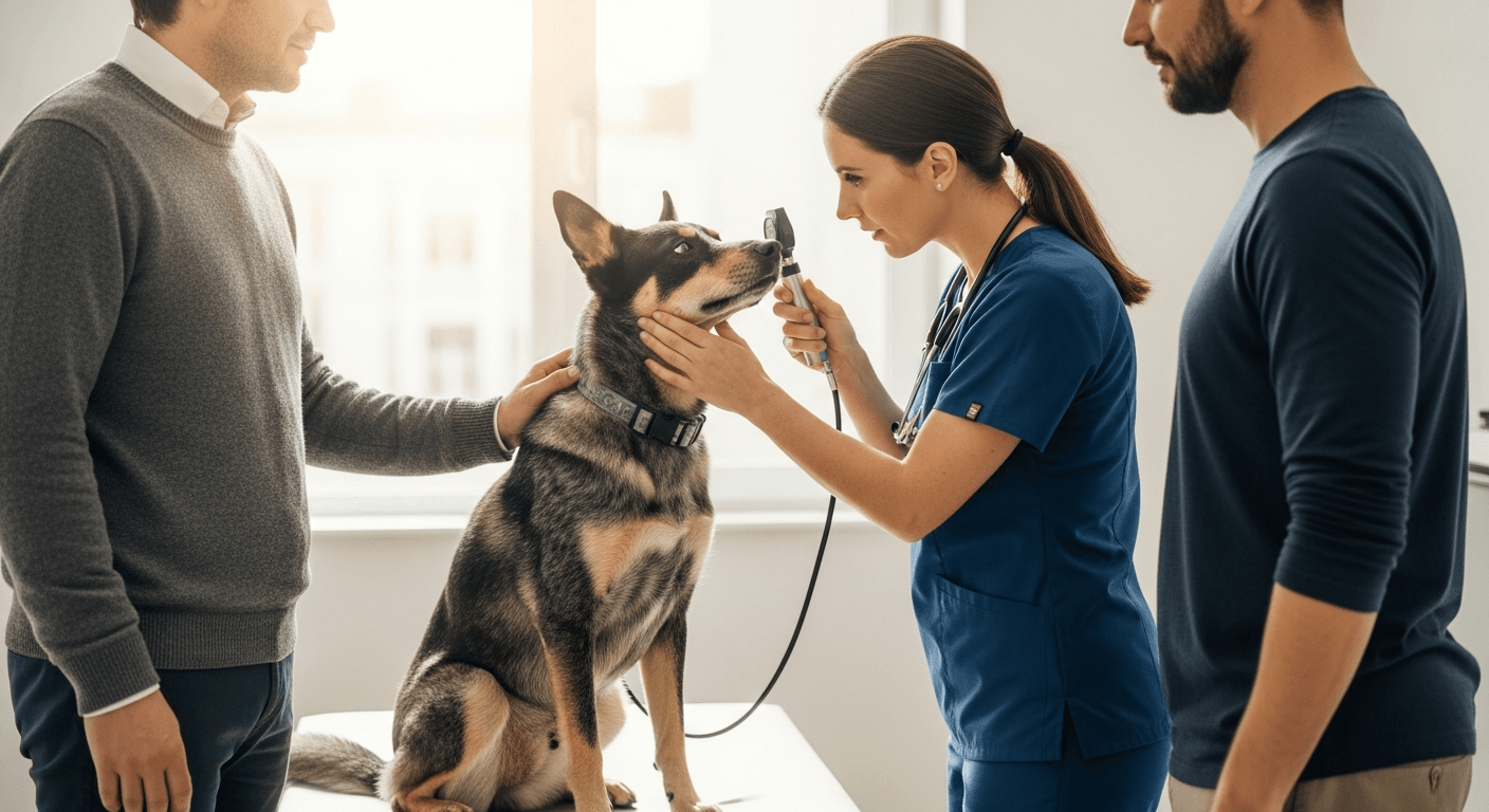 Labrador husky mix undergoing veterinary eye examination with owner present in clinic