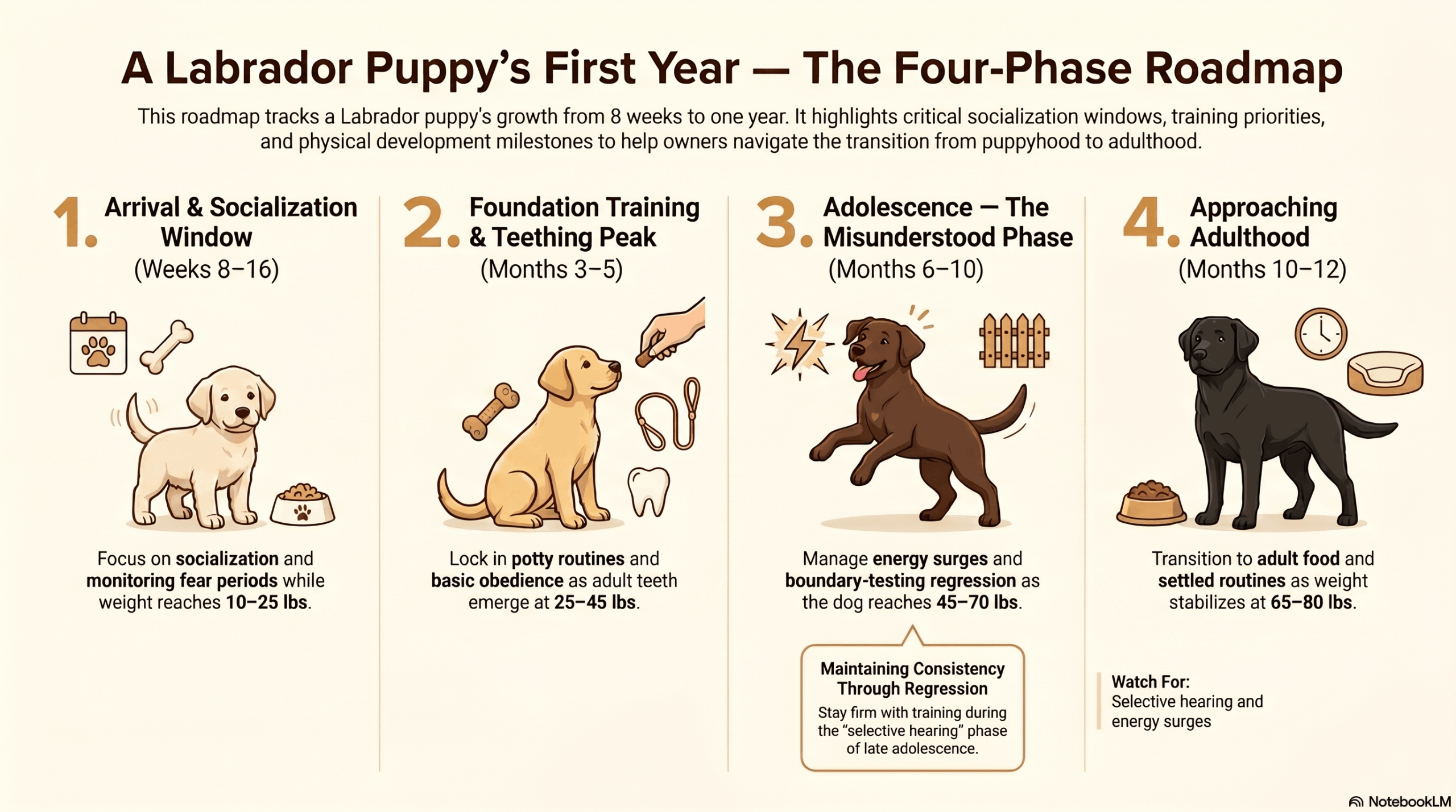 Infographic showing the four-phase roadmap of a Labrador puppy's first year, covering the socialization window, foundation training and teething peak, adolescence, and the transition to adulthood with weight ranges for each stage