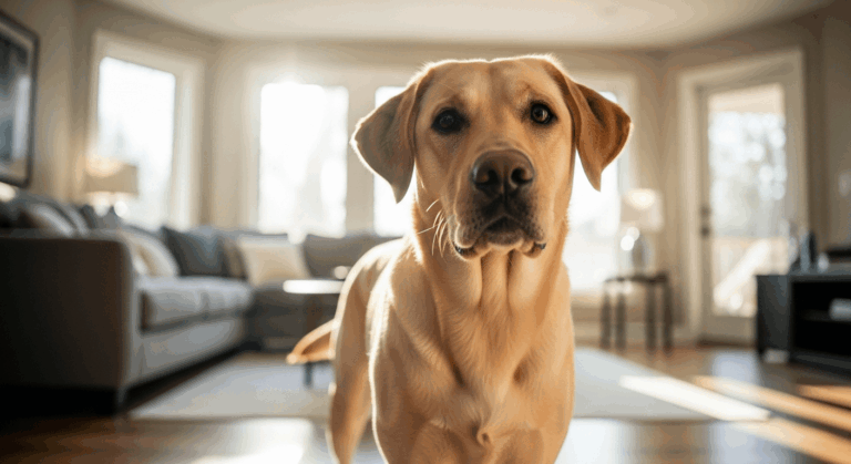 Yellow Labrador Retriever breed guide dog standing alert in sunlit living room with friendly expression