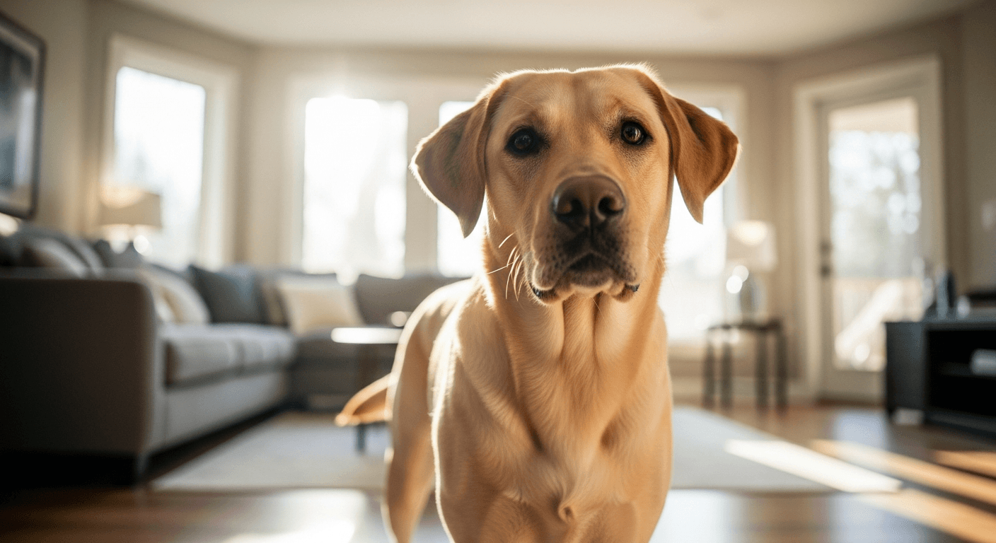 Yellow Labrador Retriever breed guide dog standing alert in sunlit living room with friendly expression