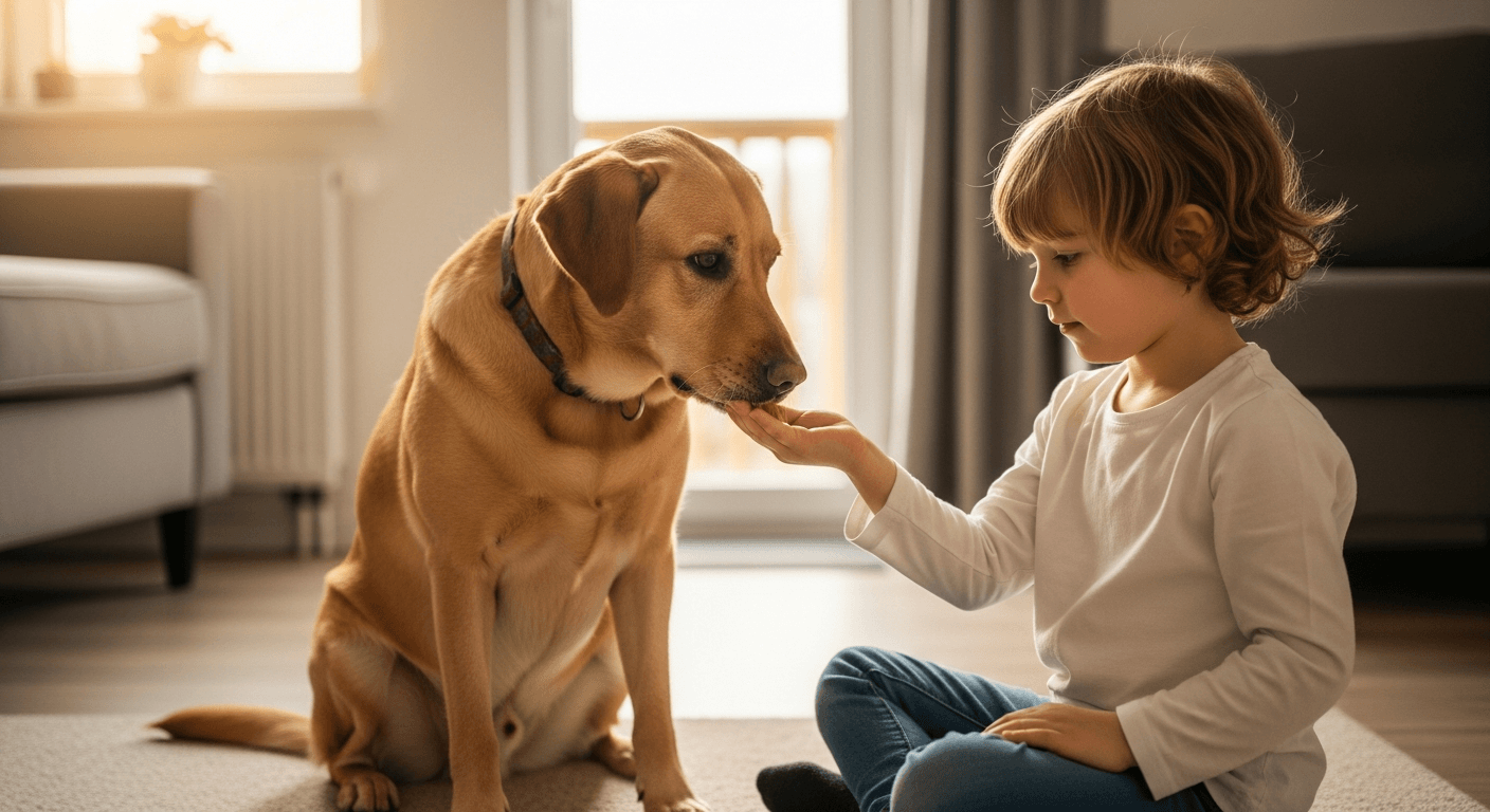 Golden Labrador Retriever taking treat from child's hand indoors with warm sunlight