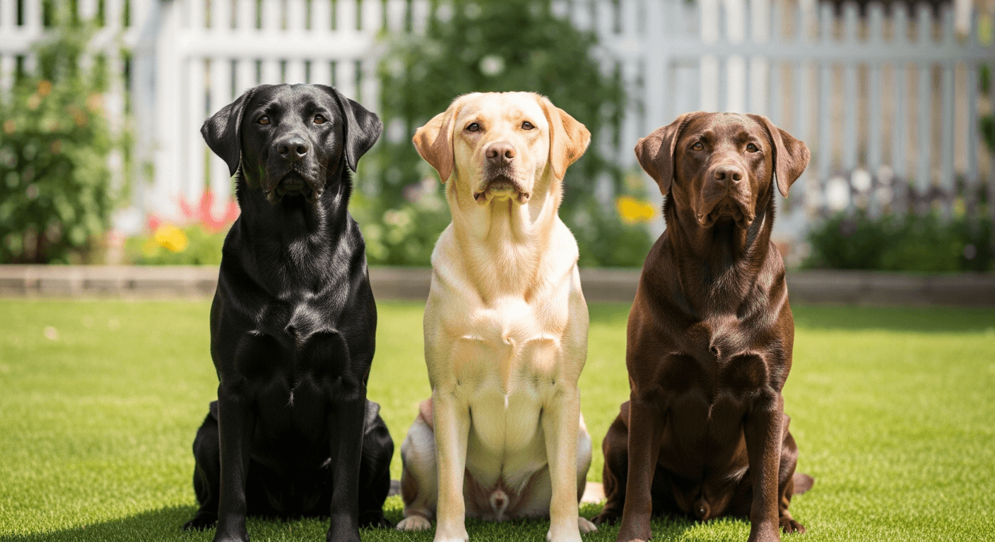 Three Labrador Retrievers in black, yellow, and chocolate sitting on a sunny lawn showing the breed's signature colors