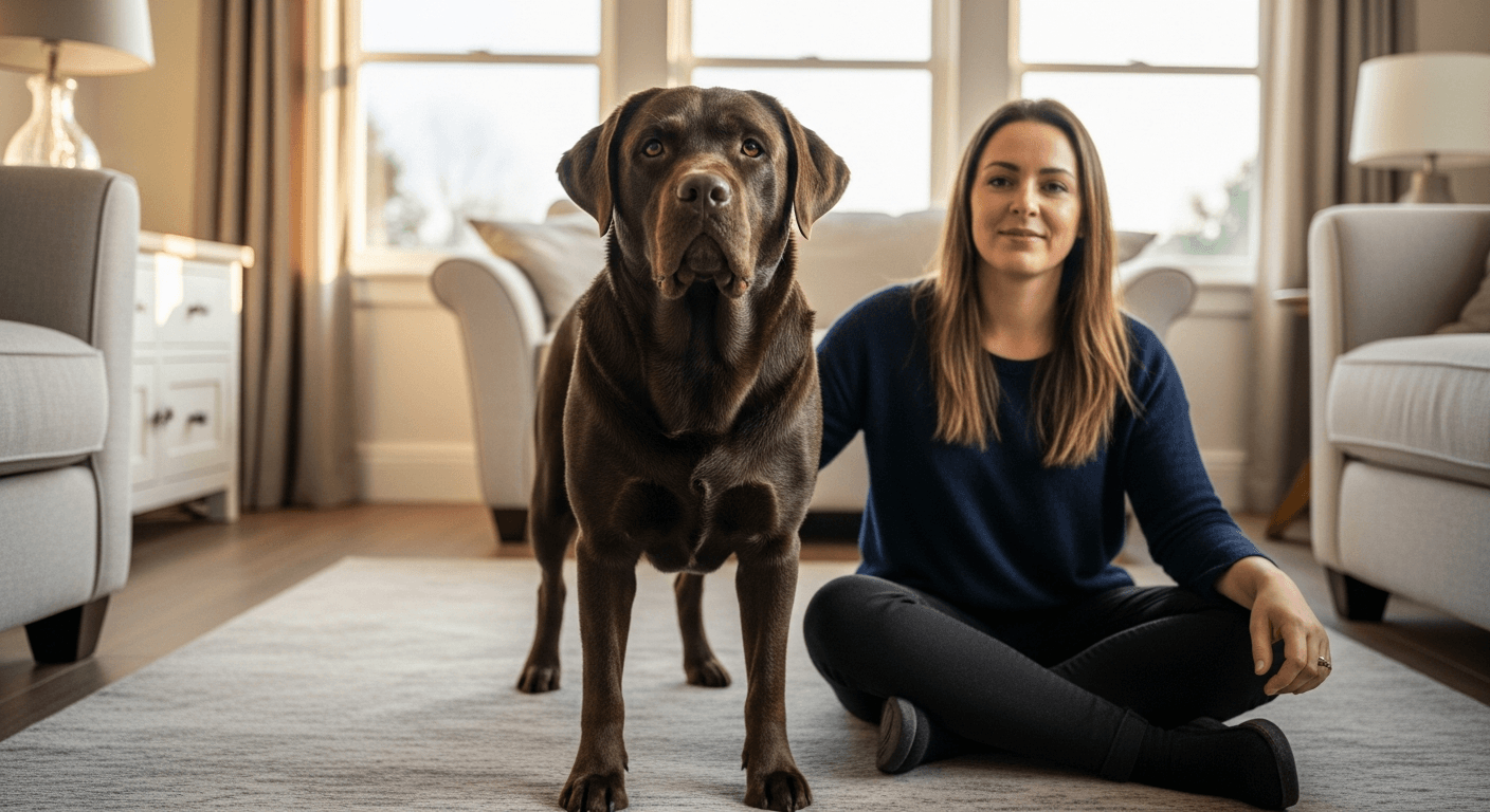 Chocolate Labrador Retriever standing indoors with woman in living room with natural light