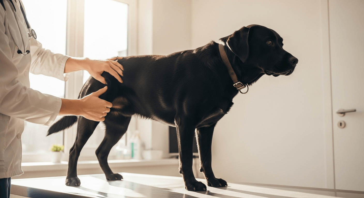 Black Labrador Retriever undergoing hip examination at veterinary clinic during health screening