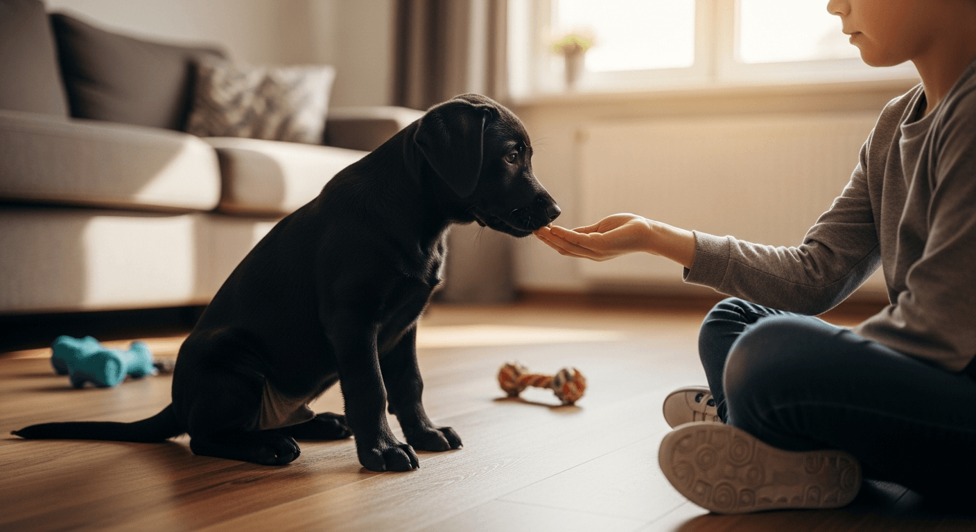 Black Labrador puppy being hand-fed a treat by a child indoors, demonstrating early socialization