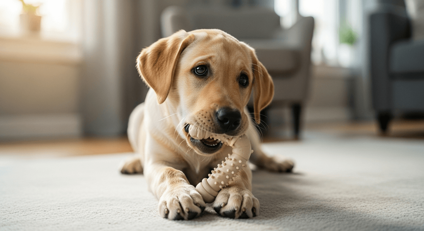 Yellow Labrador puppy chewing teething toy on gray rug in bright home setting