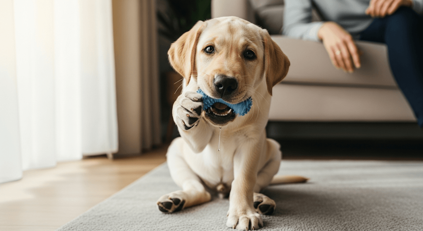 labrador teething — Yellow Labrador puppy chewing teething toy on rug with swollen gums and owner watching