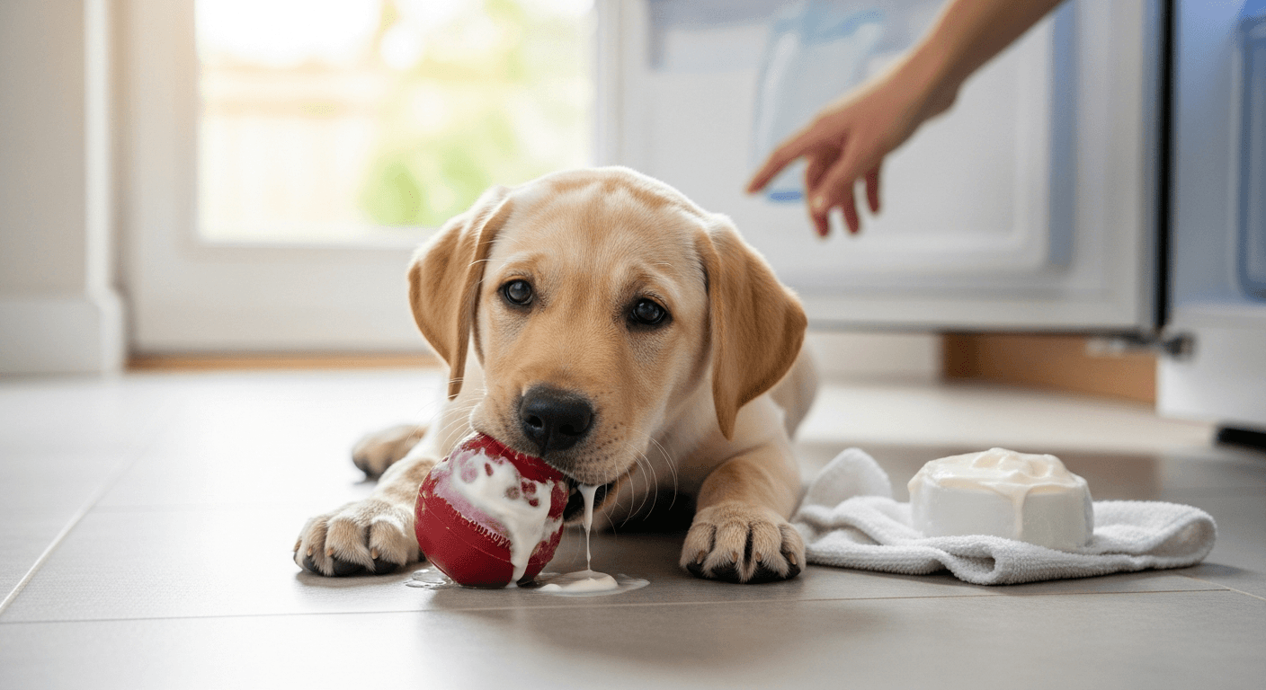 Young yellow Labrador puppy chewing frozen Kong toy on kitchen floor during teething phase