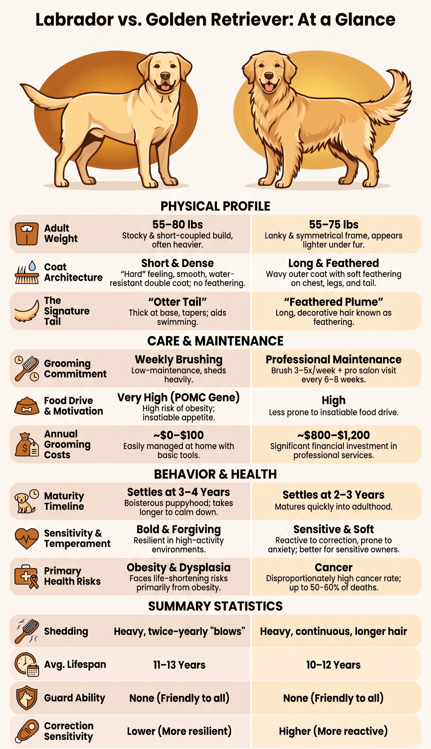 Labrador vs Golden Retriever at-a-glance comparison infographic: weight, coat, grooming cost, lifespan, health