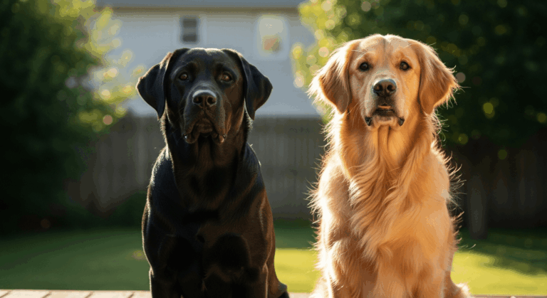 Black Labrador and Golden Retriever sitting together on a sunny deck showing labrador vs golden retriever breed differences