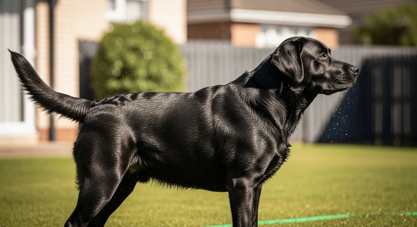 Black Labrador Retriever with water beading off short coat on residential lawn, showing muscular build and thick tail