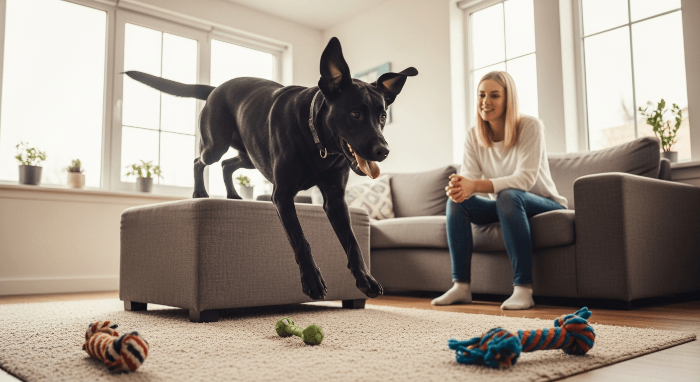 Black Labrador Retriever leaping indoors while owner watches, showing the breed's high energy and playful nature
