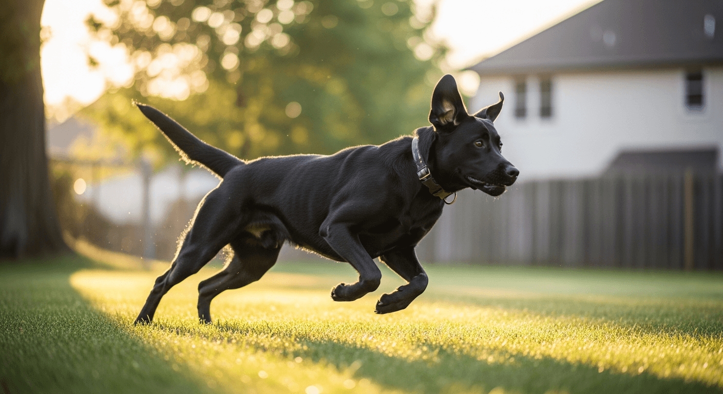 Black Labrador Retriever running energetically through a grassy backyard with trees and house in background