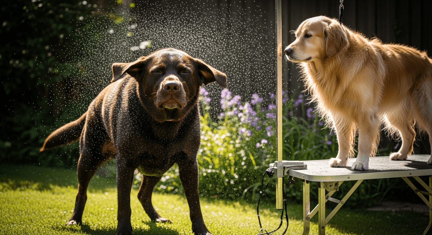 Chocolate Labrador shaking water off in sunny backyard next to golden retriever with matted coat at grooming table