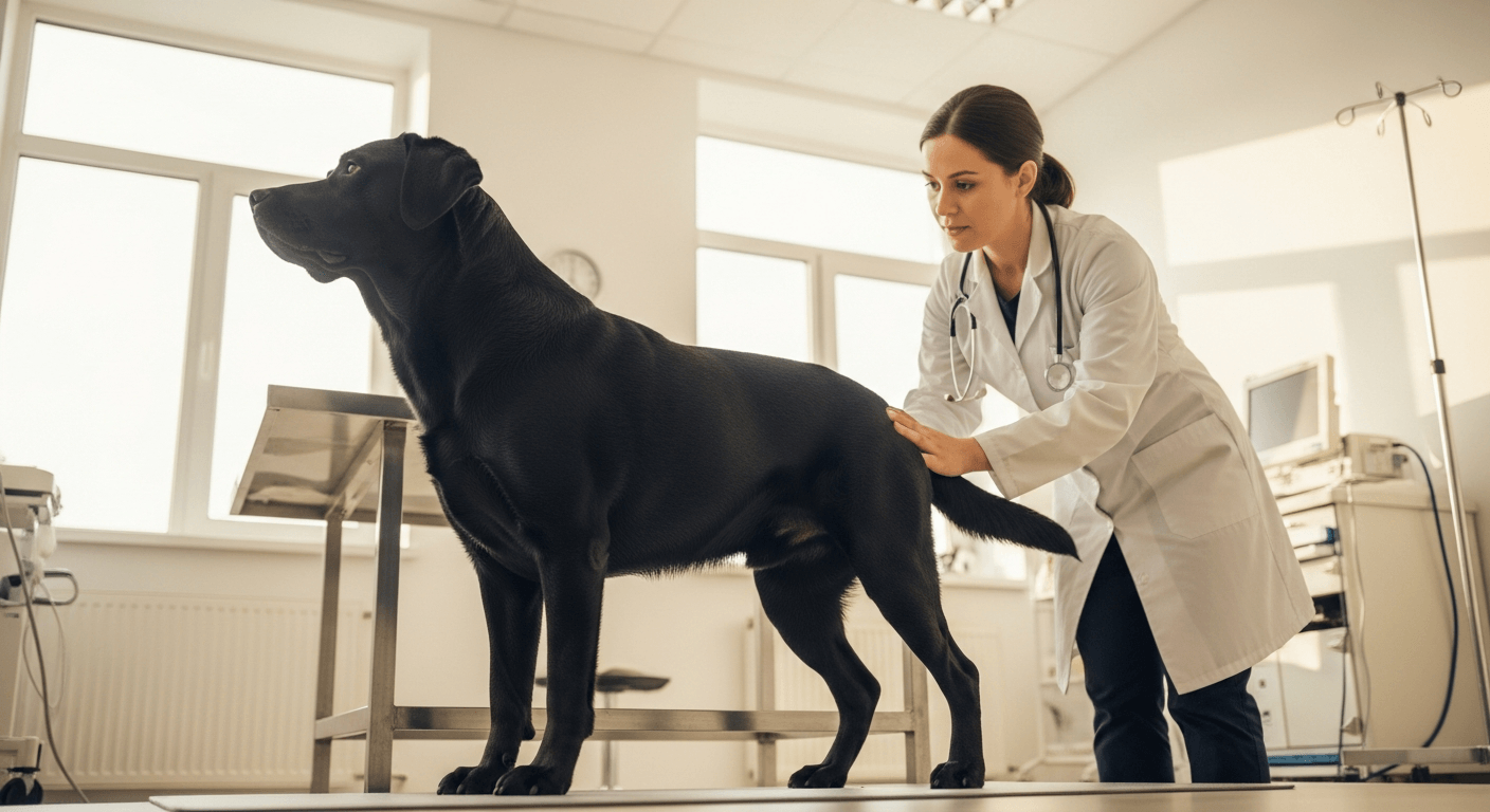 Black Labrador Retriever receiving hip health screening from veterinarian in clinical setting