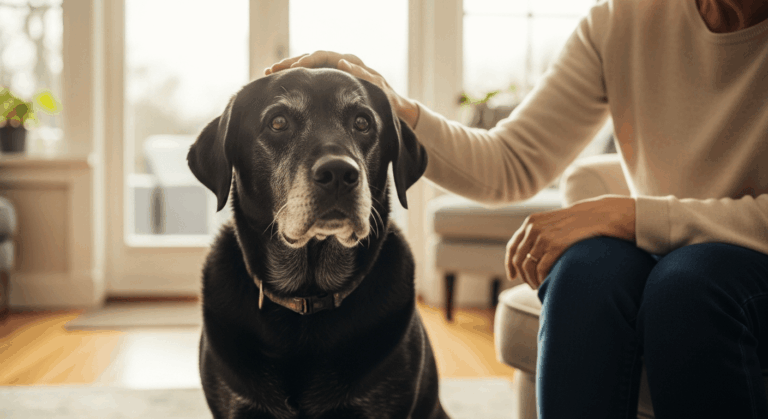 Senior labrador care shown through a mature black Lab with graying muzzle being gently petted by an older woman in a bright l