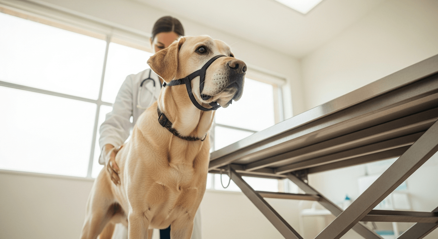 Senior yellow Labrador receiving abdominal examination from veterinarian in bright exam room during wellness check
