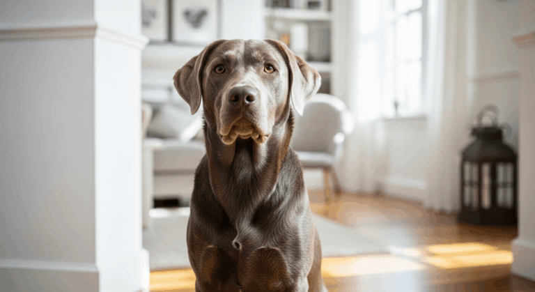 Silver labrador sitting alertly in a bright modern living room with natural sunlight highlighting its sleek gray coat