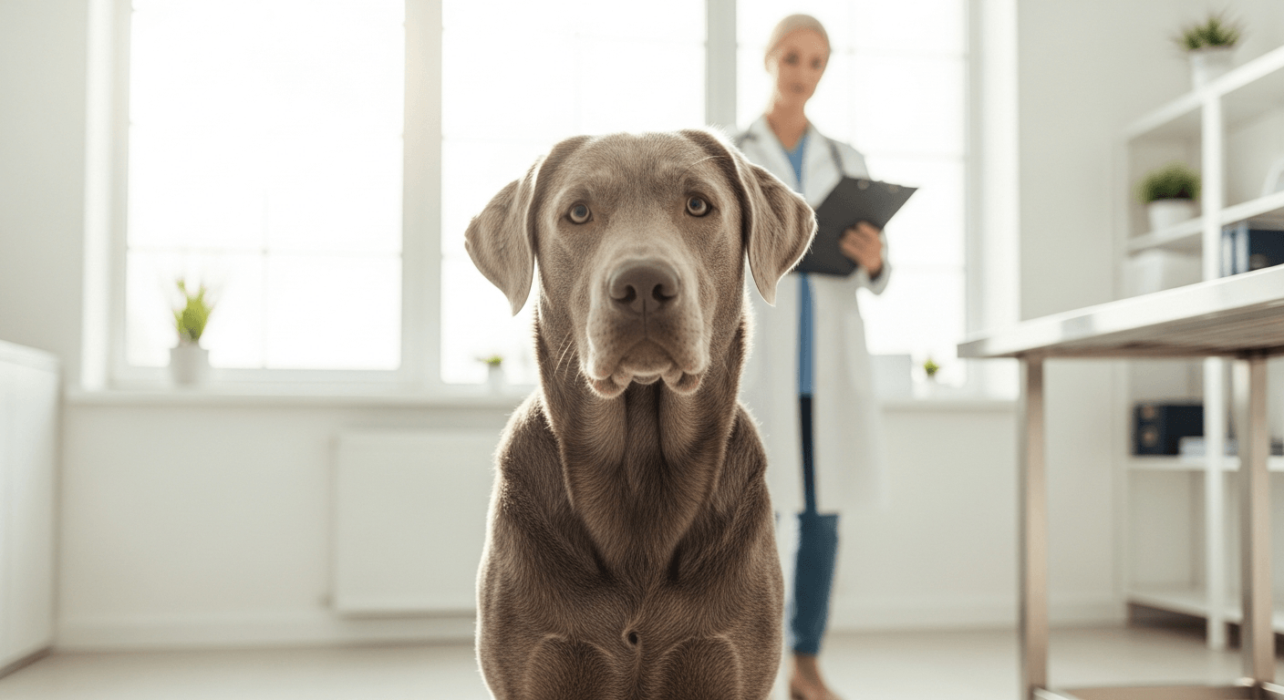 Silver Labrador sitting in veterinary exam room with vet in background holding clipboard