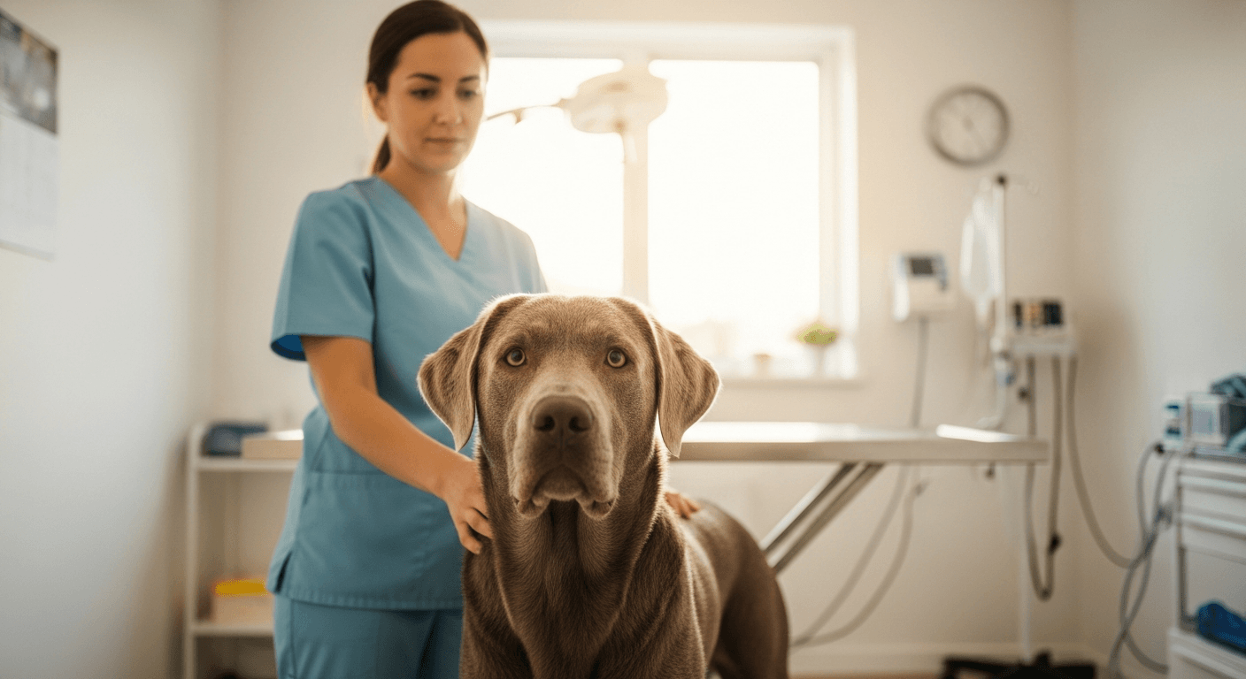 Silver Labrador Retriever during veterinary examination with veterinarian assessing health