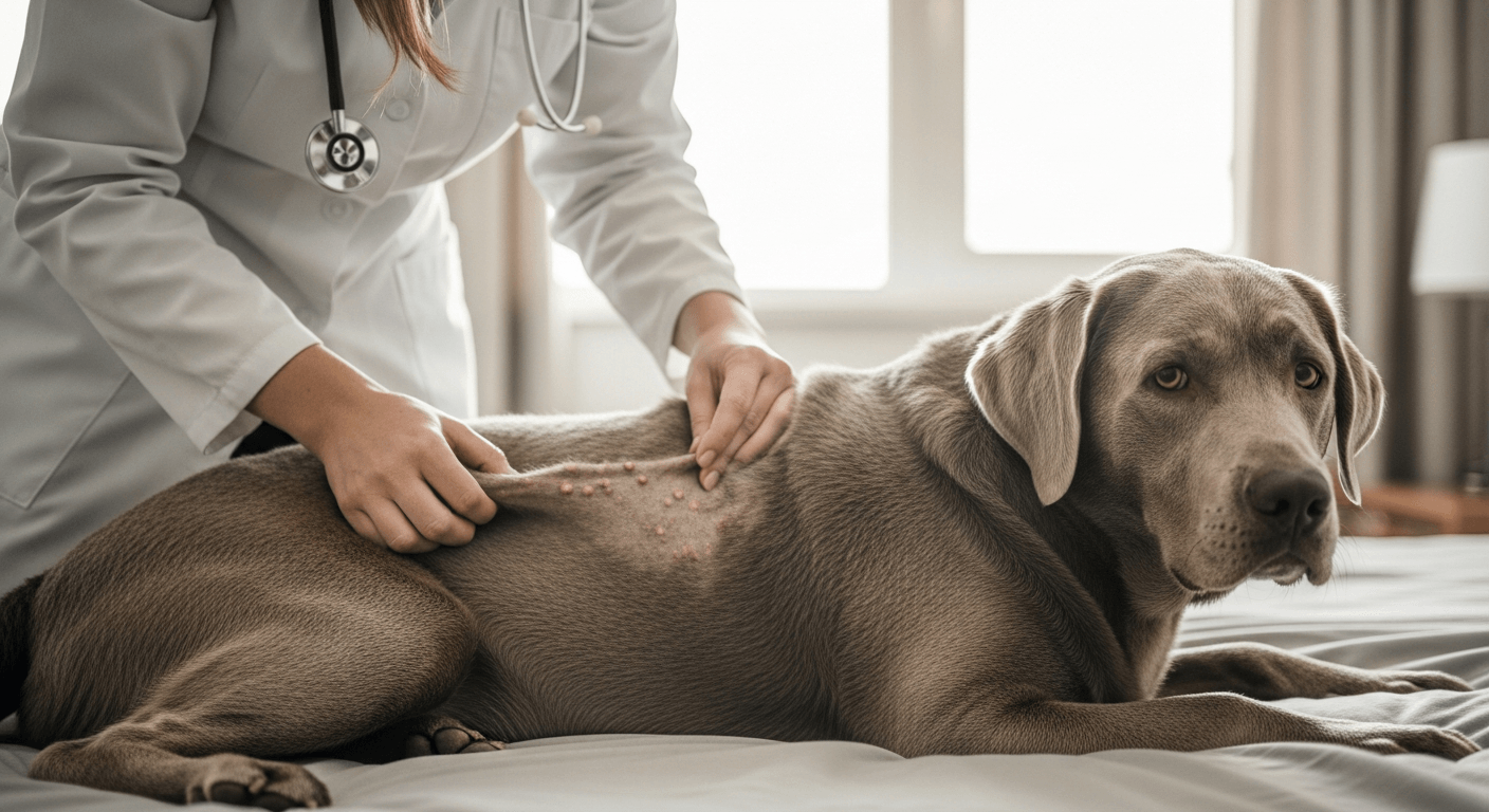 Veterinarian examining a silver Labrador's coat and skin for health issues during a checkup