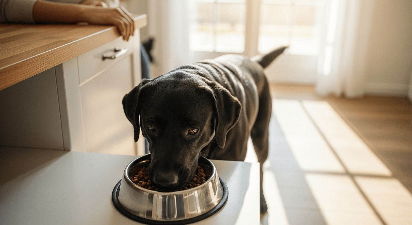 Black Labrador eating kibble from bowl, illustrating when to switch labrador to adult food during transition phase