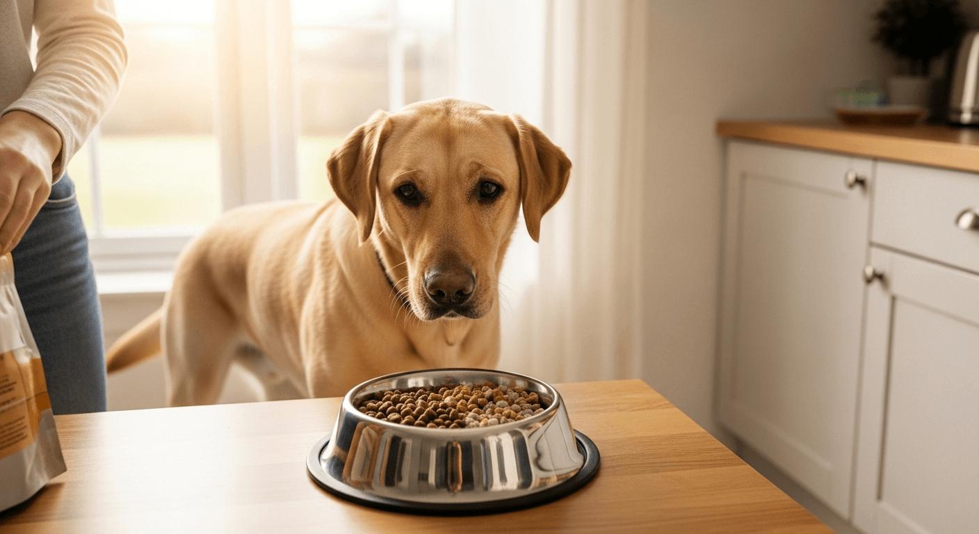 Golden Labrador looking at a bowl with mixed kibble during the transition when to switch labrador to adult food