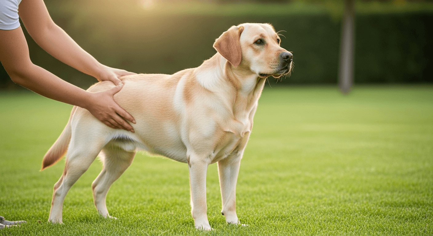 Owner checking body condition of 12-month Labrador to assess readiness to switch to adult food