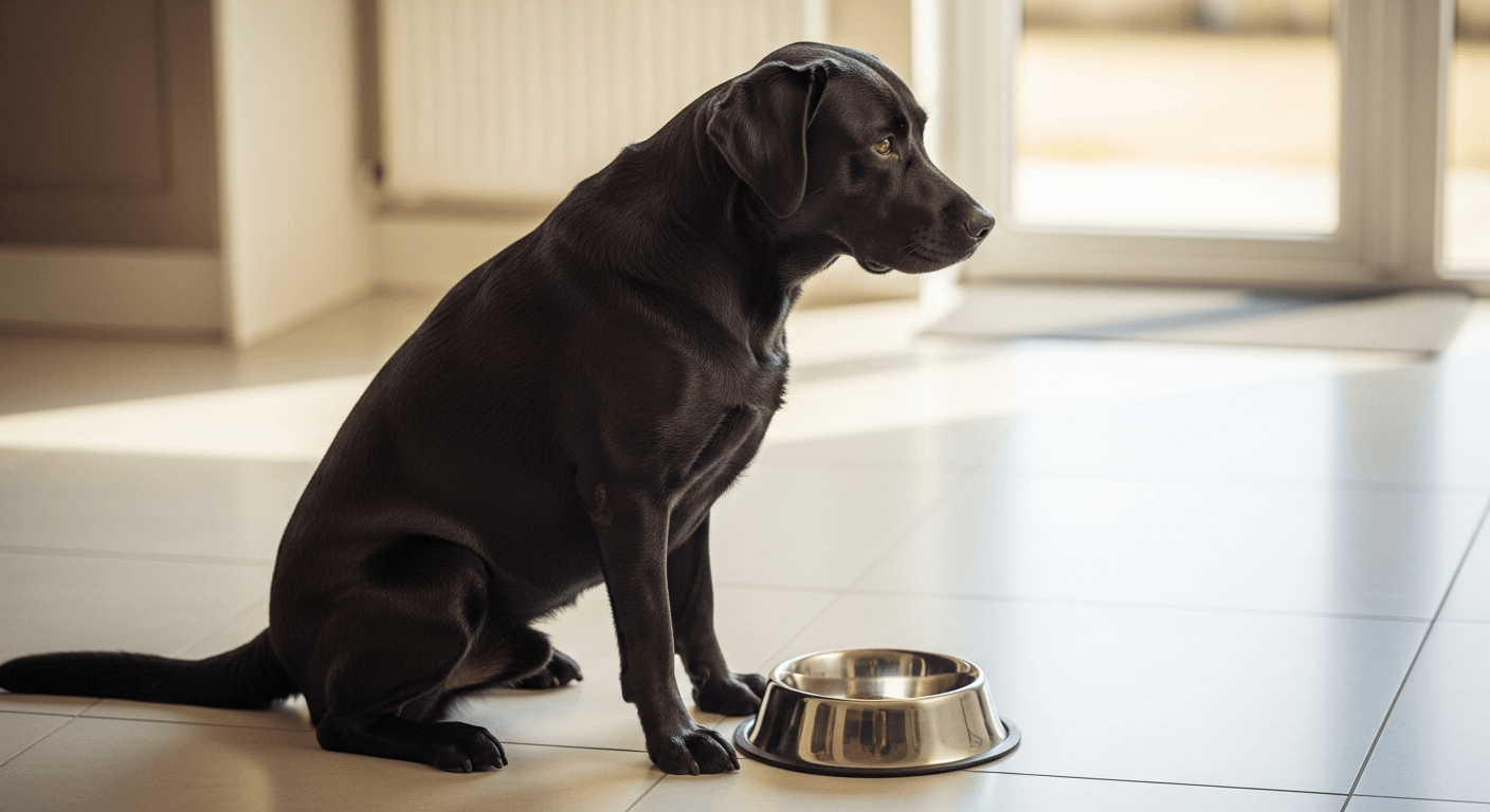 Adult Labrador at healthy weight beside food bowl after switching to large-breed adult formula