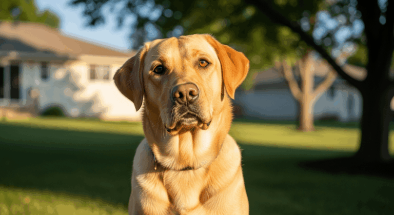 Yellow Labrador sitting in a sunny backyard with alert eyes and gleaming golden coat