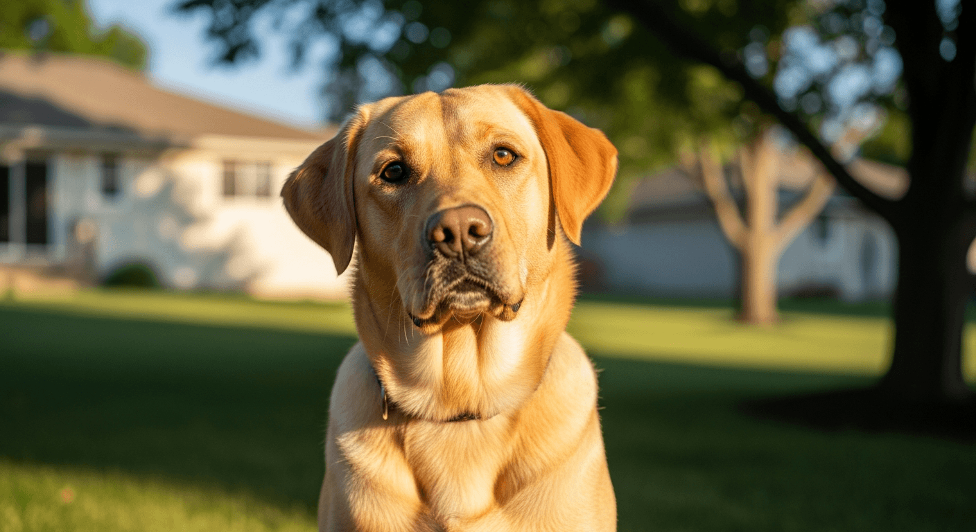 Yellow Labrador sitting in a sunny backyard with alert eyes and gleaming golden coat