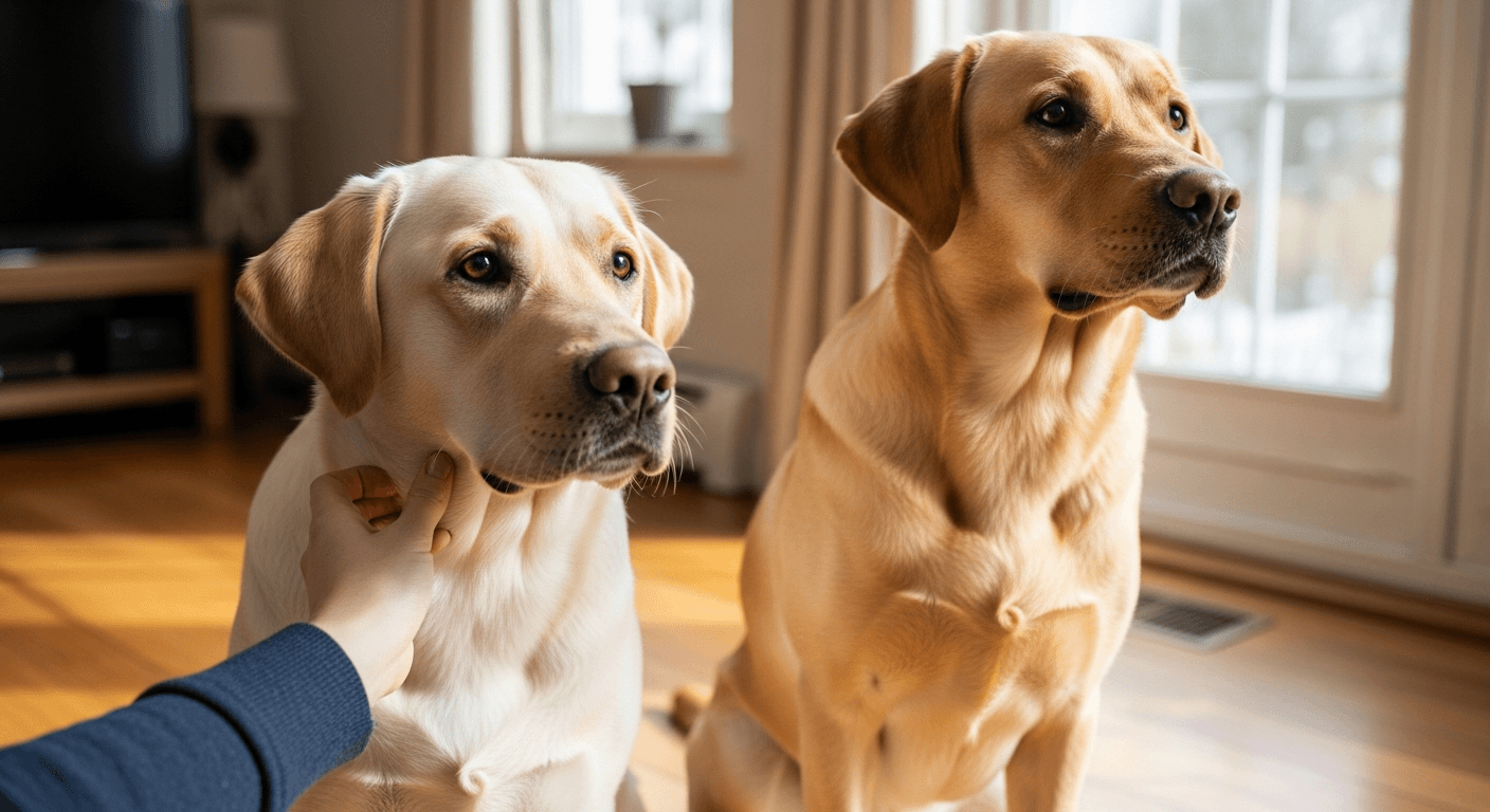 Two yellow Labradors sitting indoors showing color variation from cream to golden, with a person's hand touching the lighter 