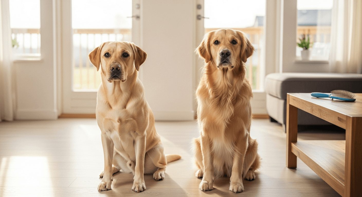 Yellow Labrador and Golden Retriever sitting indoors, showing coat and body structure differences