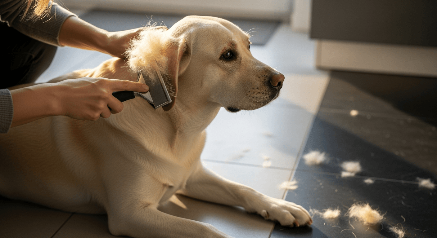 Yellow Labrador being groomed with a slicker brush, showing shed fur on the floor in natural window light