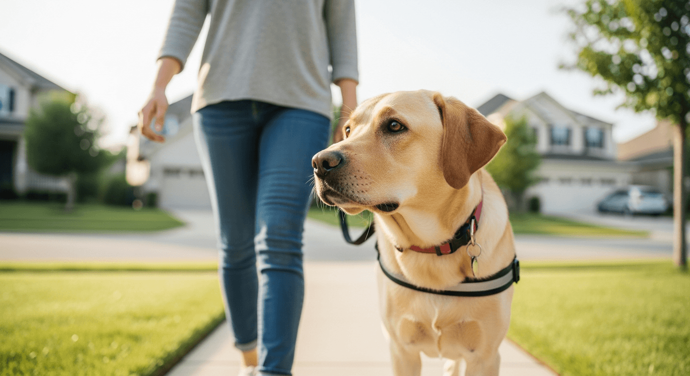 Yellow Labrador walking calmly beside handler on sunny sidewalk with engaged attention and relaxed posture