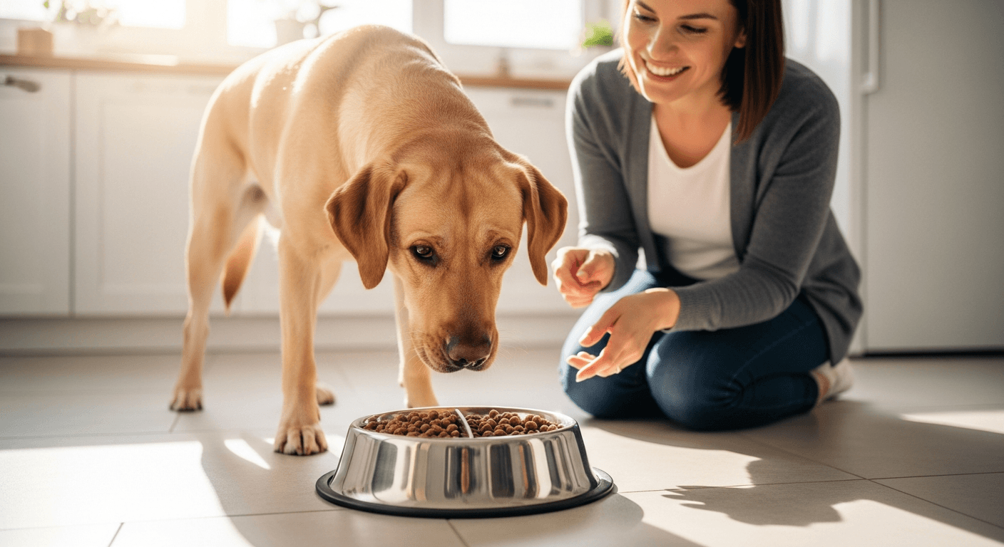 Woman feeding a 10 month old labrador transitioning kibble in a bright kitchen