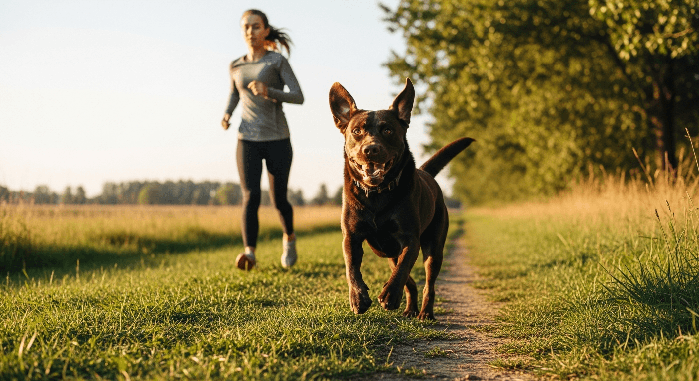 Chocolate Labrador running through grassy field alongside jogger during golden hour with trees in background