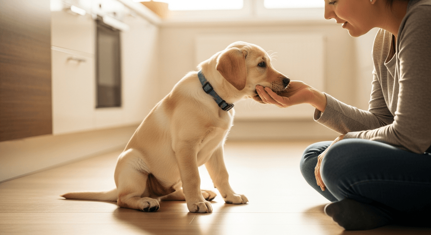 3 month old labrador puppy mouthing a person's hand during play on a kitchen floor
