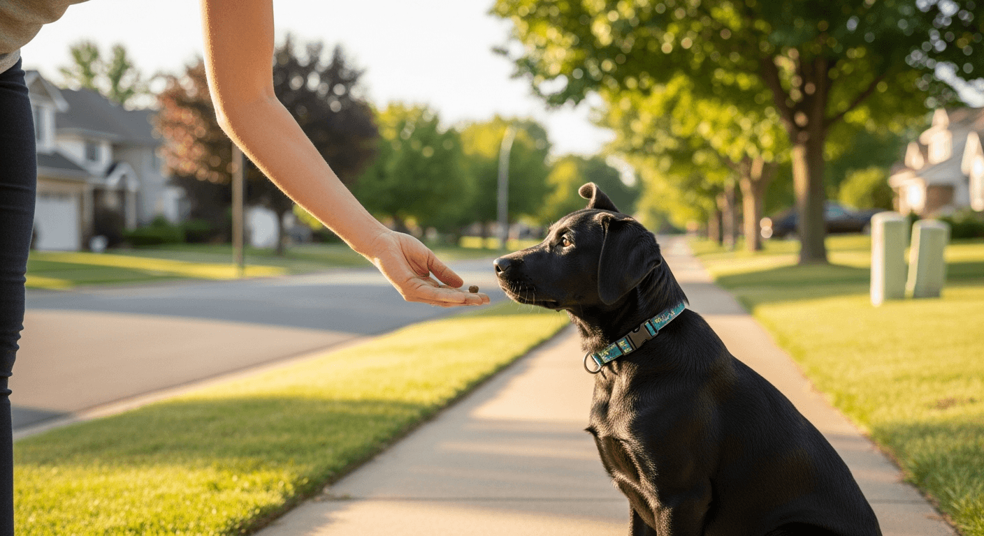 Black 3 month old labrador puppy sitting on sidewalk receiving training treat from woman's hand