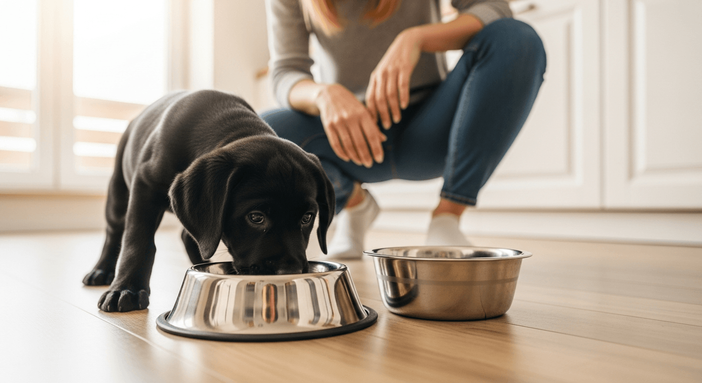3 month old labrador eating from a bowl with owner supervising in kitchen