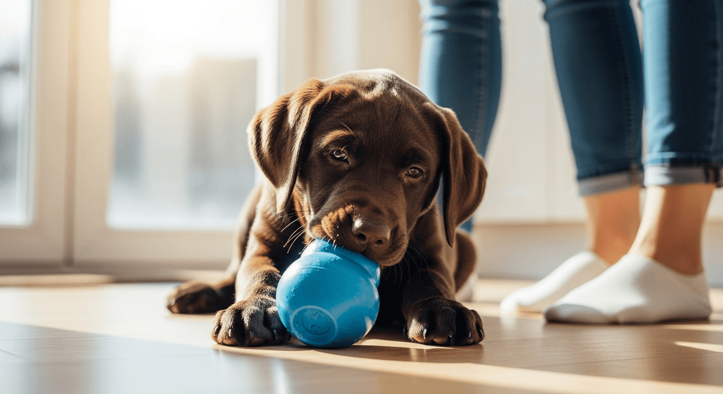4 month old labrador chewing on a blue Kong toy in a bright kitchen