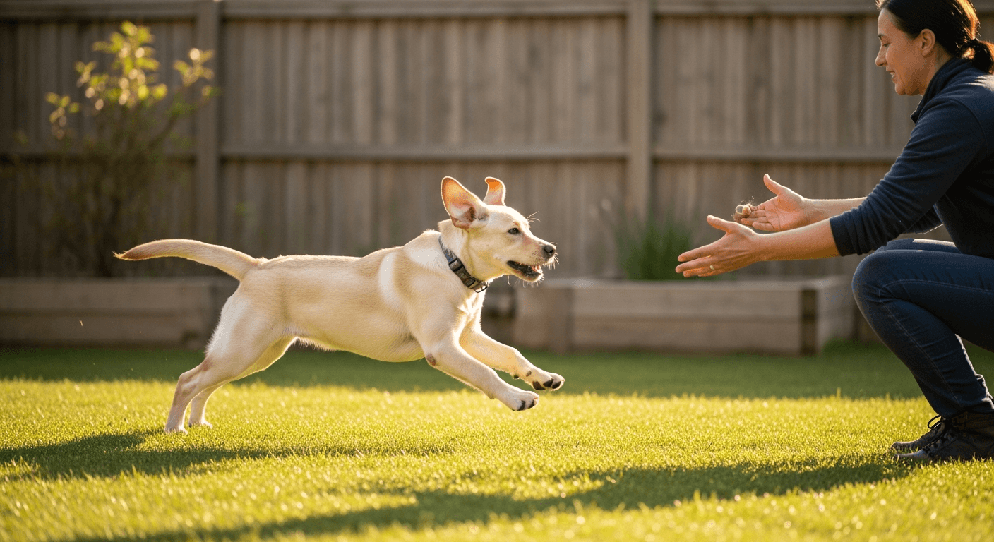 4 month old labrador puppy sprinting across a sunny backyard toward an owner with open arms and a treat