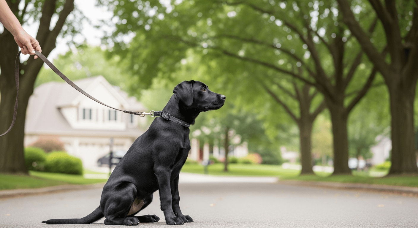 A 4 month old labrador puppy on leash during a calm walk through a residential neighborhood