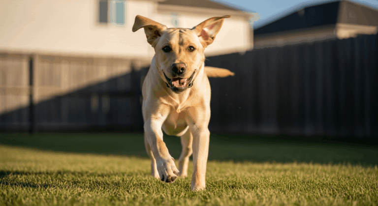5 month old labrador running through grass with ears flopping and playful expression in sunny backyard