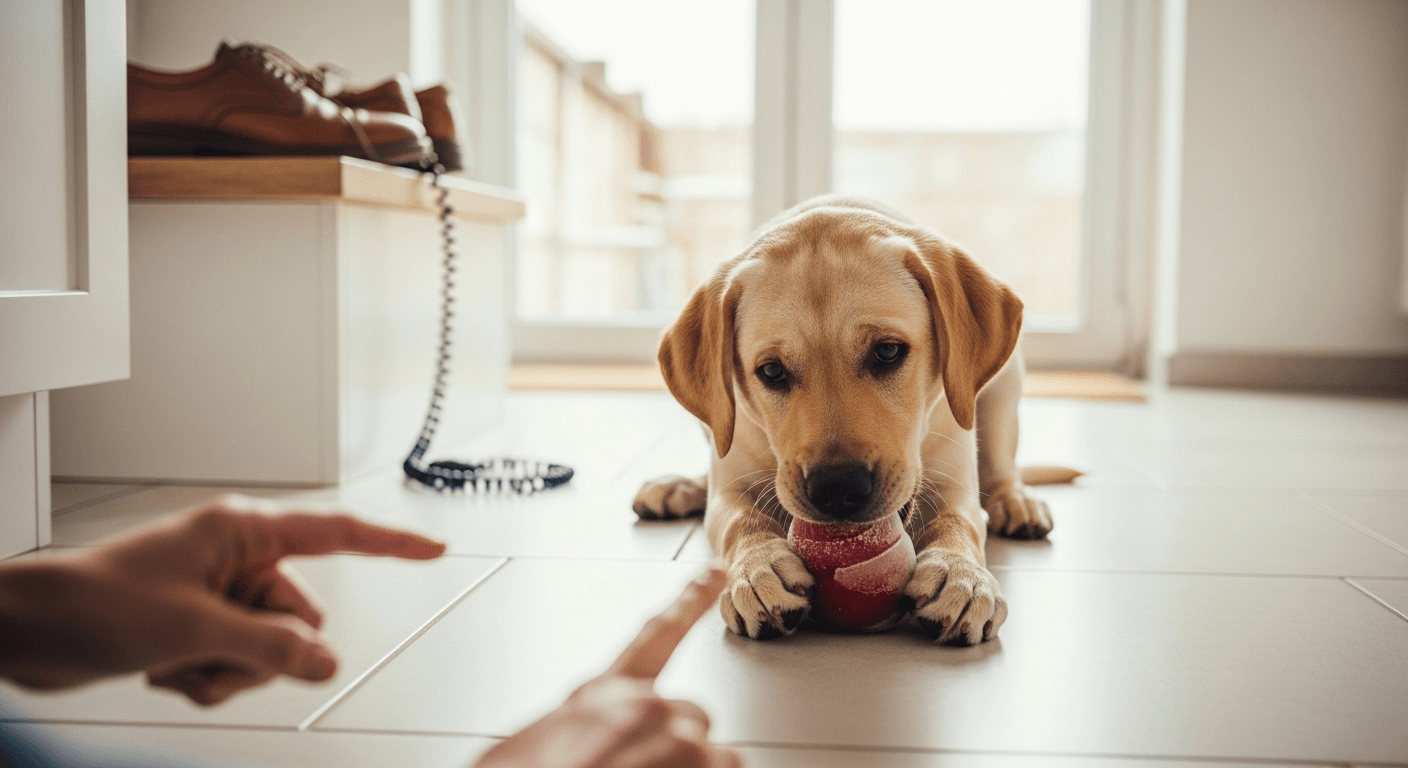 A 5 month old labrador chewing a frozen Kong toy in a kitchen with afternoon sunlight streaming through windows