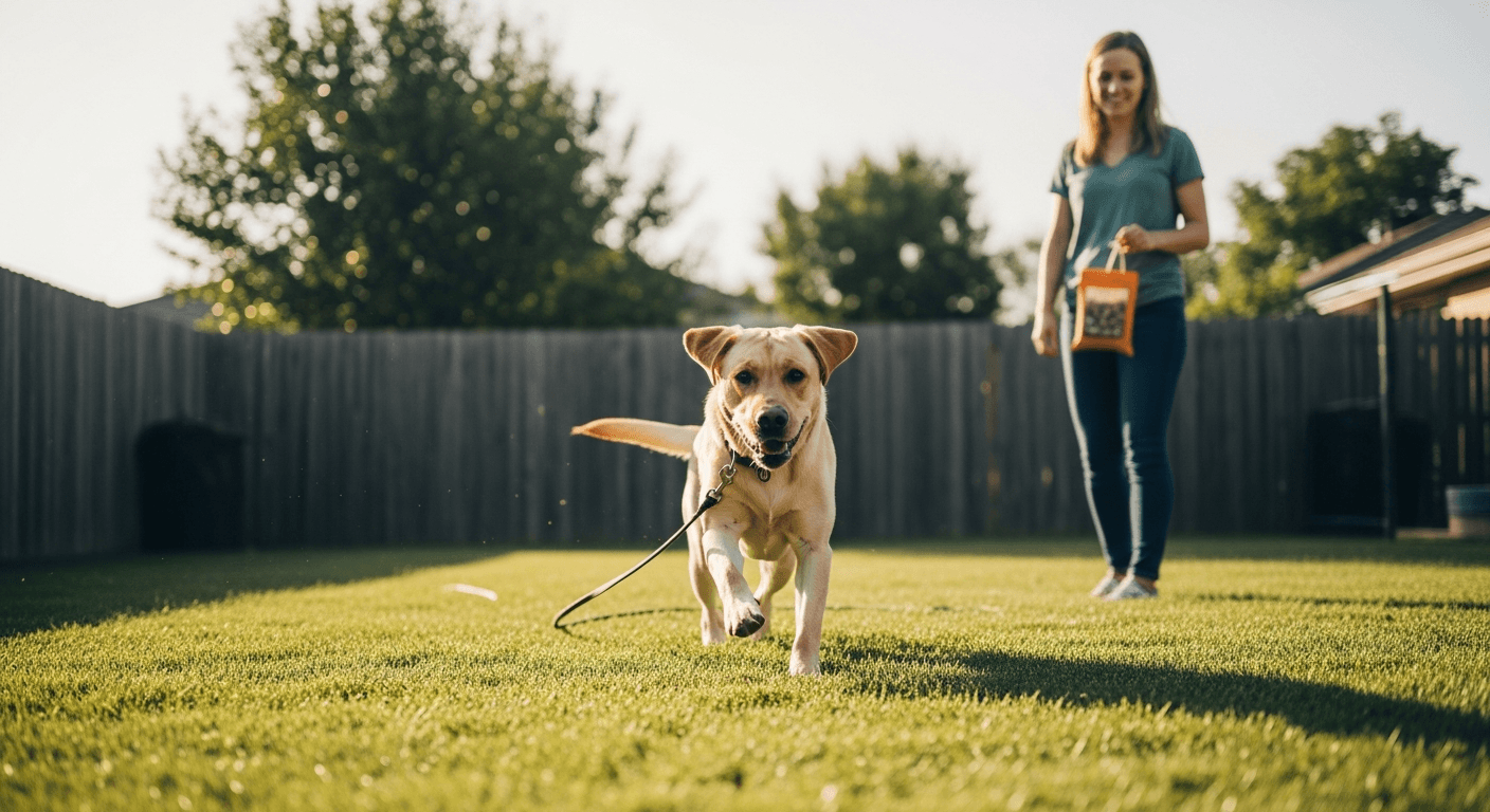 5 month old labrador sprinting toward handler during recall training with treat pouch in grassy backyard