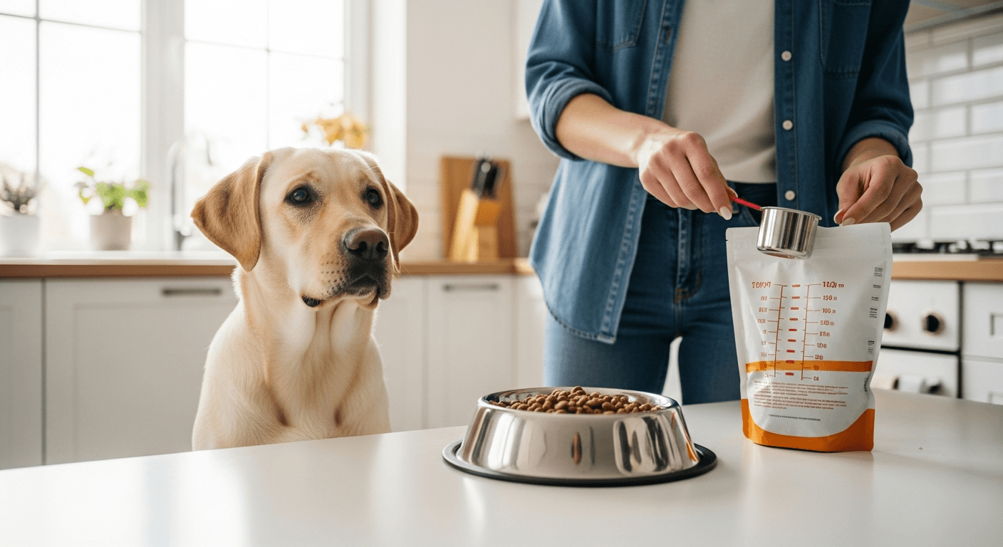 5 month old labrador sitting by food bowl while owner measures puppy kibble in kitchen