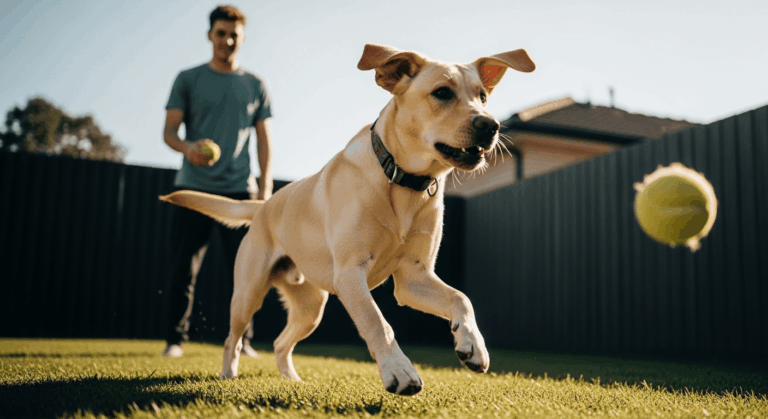 A 7 month old labrador retrieves a tennis ball in a sunny backyard during playtime