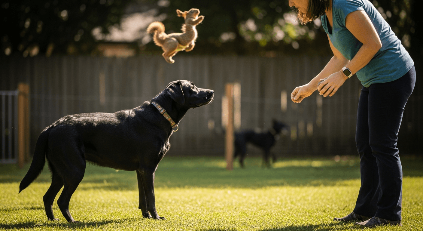 7 month old black Labrador distracted during training, ignoring owner's treat to look at a squirrel outside the fence