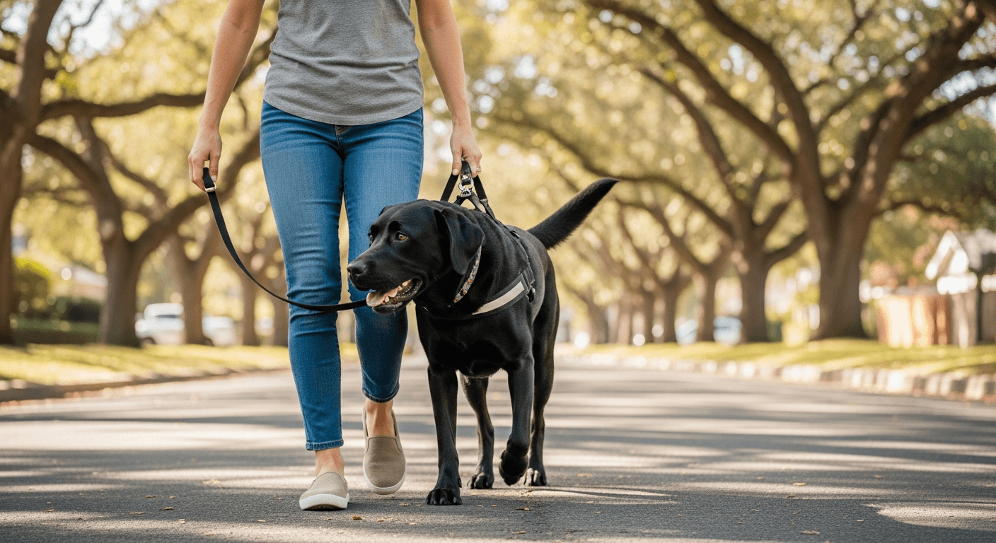 Black Labrador on front-clip harness walking calmly beside woman on tree-lined street with slack leash